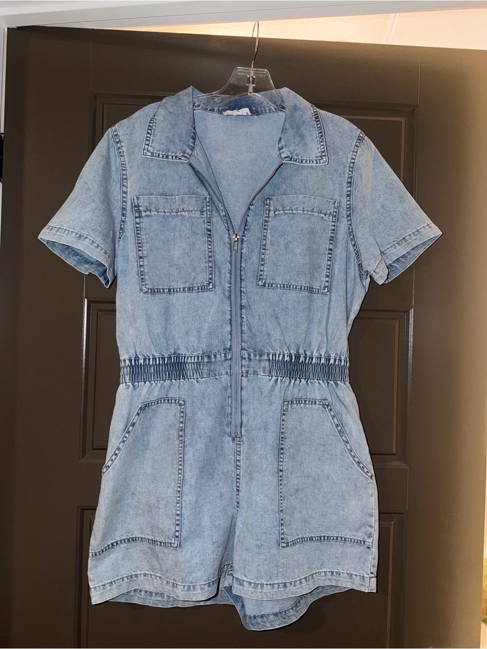 Elan Light Blue Denim Short Sleeve Romper with Front Zip